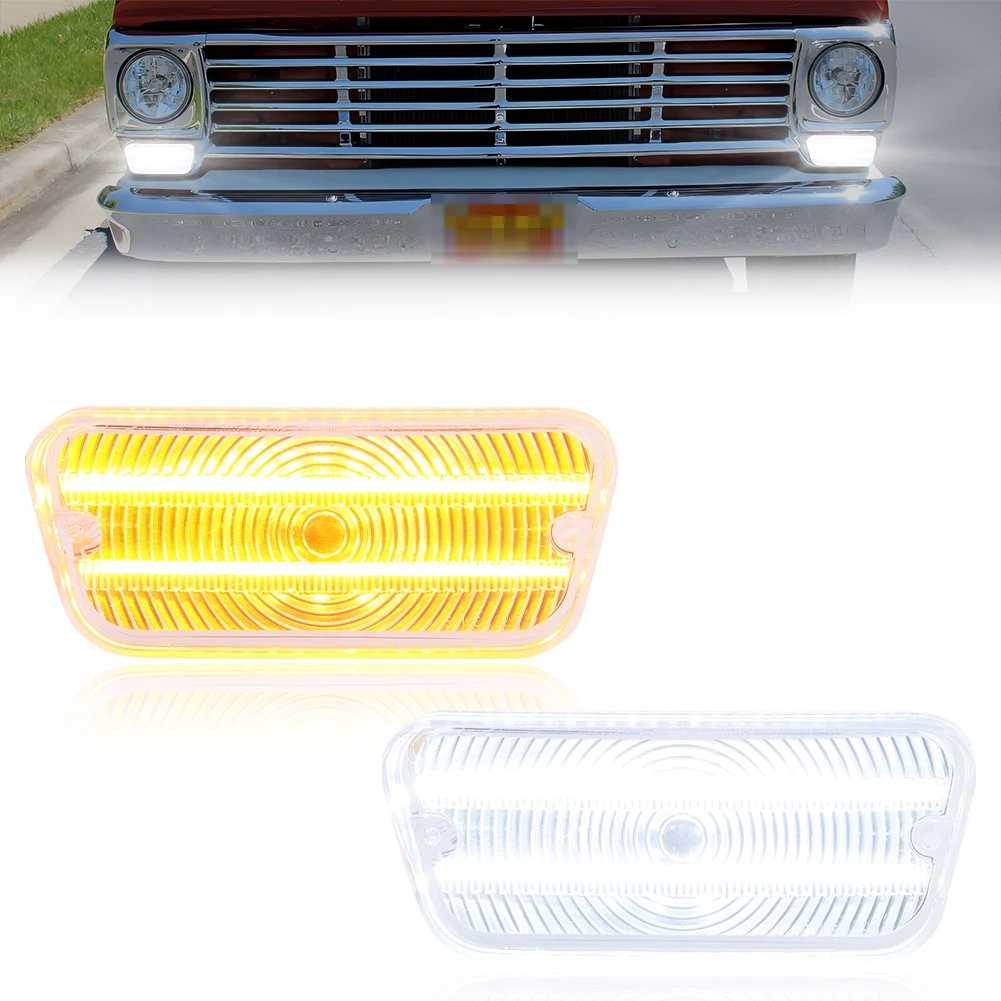2PCS Front Bumper Parking Light DRL Light Turn Signal Light Lenses With LED For 1967 1968 1969 1970 1971 Ford F100 F-100 Truck