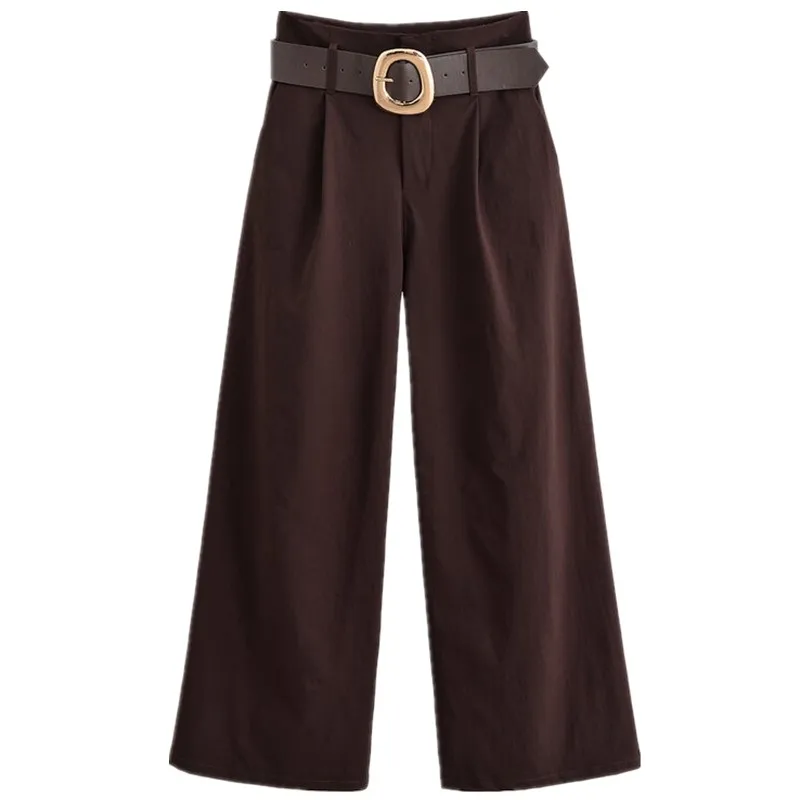 Широкие повседневные брюки с высокой талией для женщин, осеннее новое поступление, свободные брюки с поясом, прямой подол, другой материал 00%