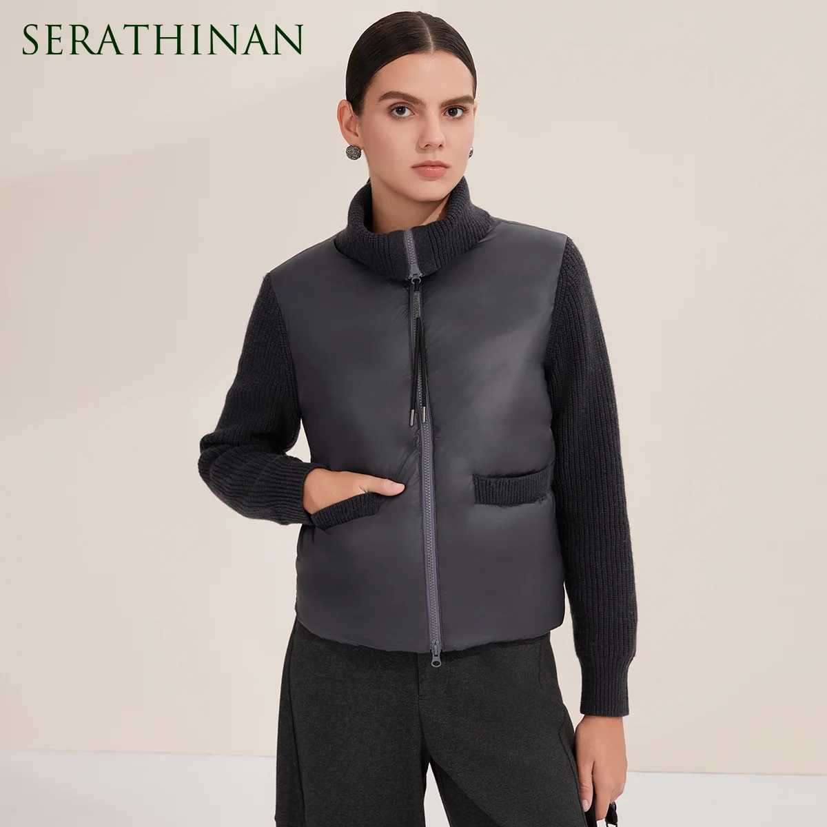 BY3521206 Damen-Woll- und Daunenjacke, 100 % weiße Entendaunen, 7 Gauge Strickärmel aus reiner Wolle