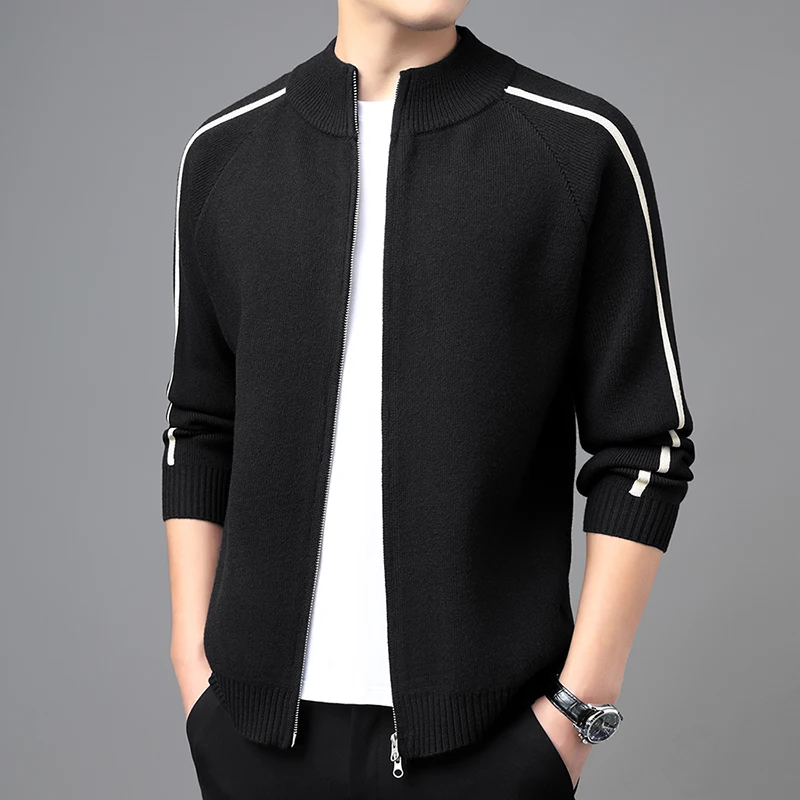 الرجال عارضة سترة البلوزات الخريف الشتاء تريكو أسود أخضر القهوة سستة مفتوحة الأكمام شريط تصميم محبوك سترة الحد الأدنى