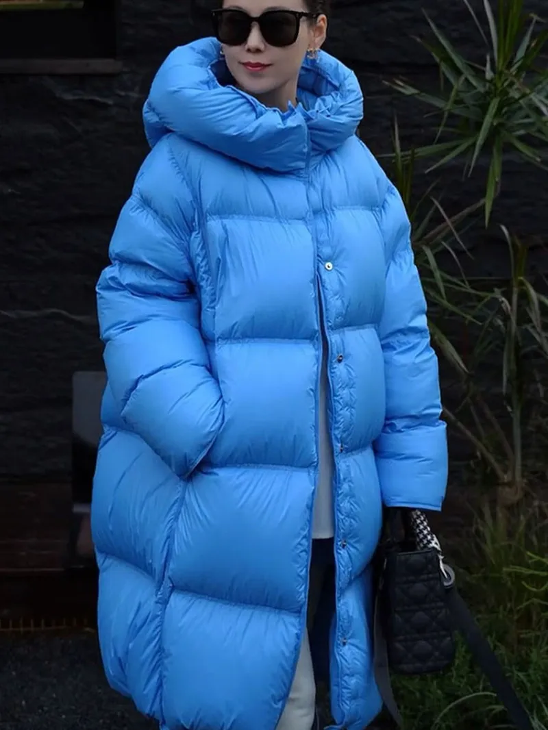 Korean Style Women Blue Hooded Down Jacket Single Breasted Loose Fit Warm Mid-length Puffer Jackets Autumn Casual Long Outerwear