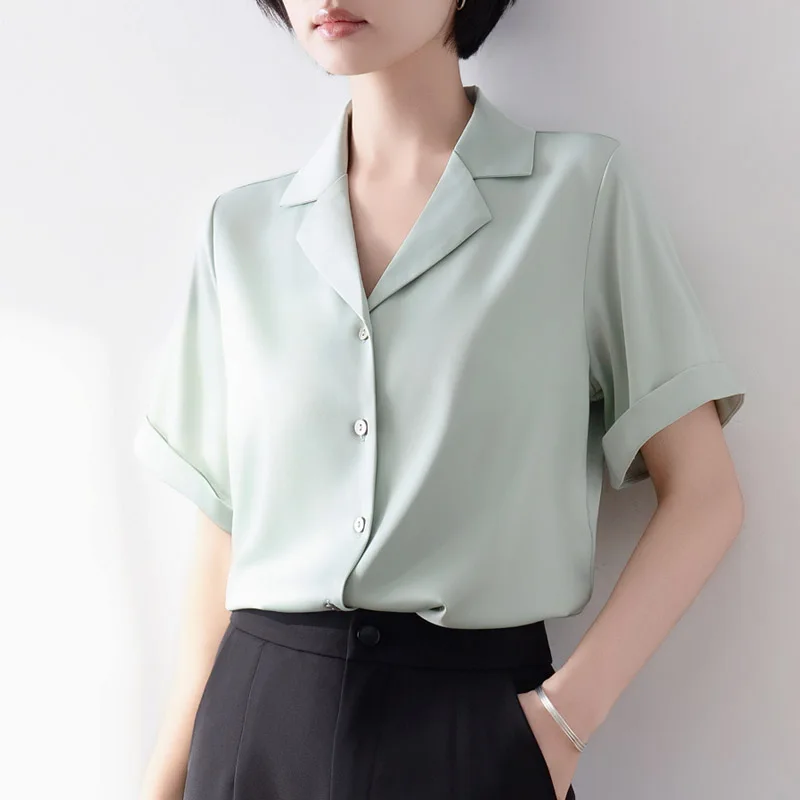 

Summer Elegant Satin Single Breasted Women's Blouses 2025 New Short Sleeve Elagant Korean Office Lady Casual Loose Shirts Female