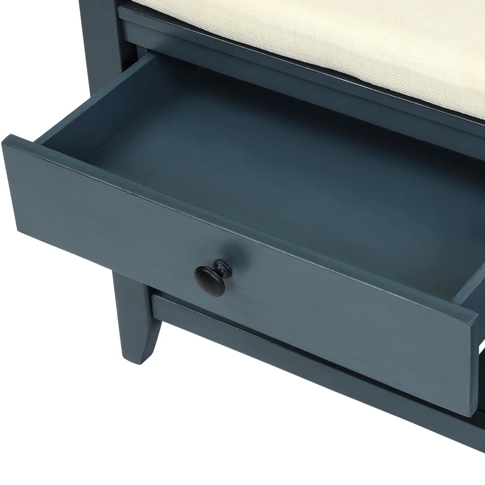 Vintage Storage Bench with 2 Drawers Soft Cushion Entryway Shoe Rack Antique Navy Durable Wood Construction Easy Assembly