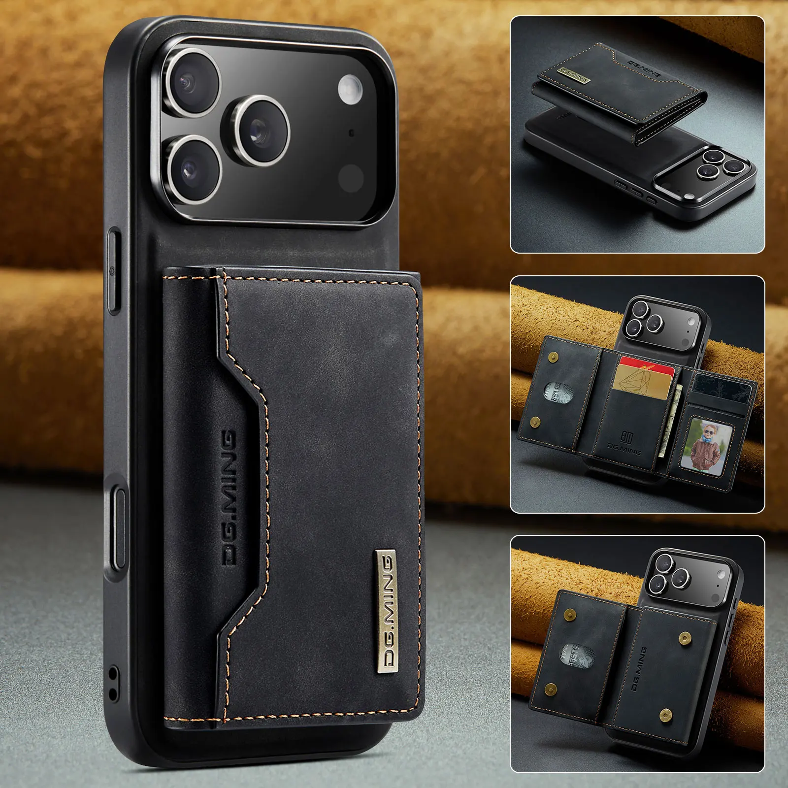Luxuriöse Leder-Handyhülle für iPhone 17 Pro Max 16E 17 Air 14 15 Plus 13 Mini 12 11 17 Pro, magnetisch abnehmbarer Kartenständer, Brieftasche