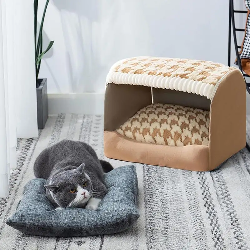 Small Dog Bed Semi Enclosed Covered Cat Bed Tent Indoor Pet House Non-Slip Cat Bed Waterproof No Deformation Pet House Cat