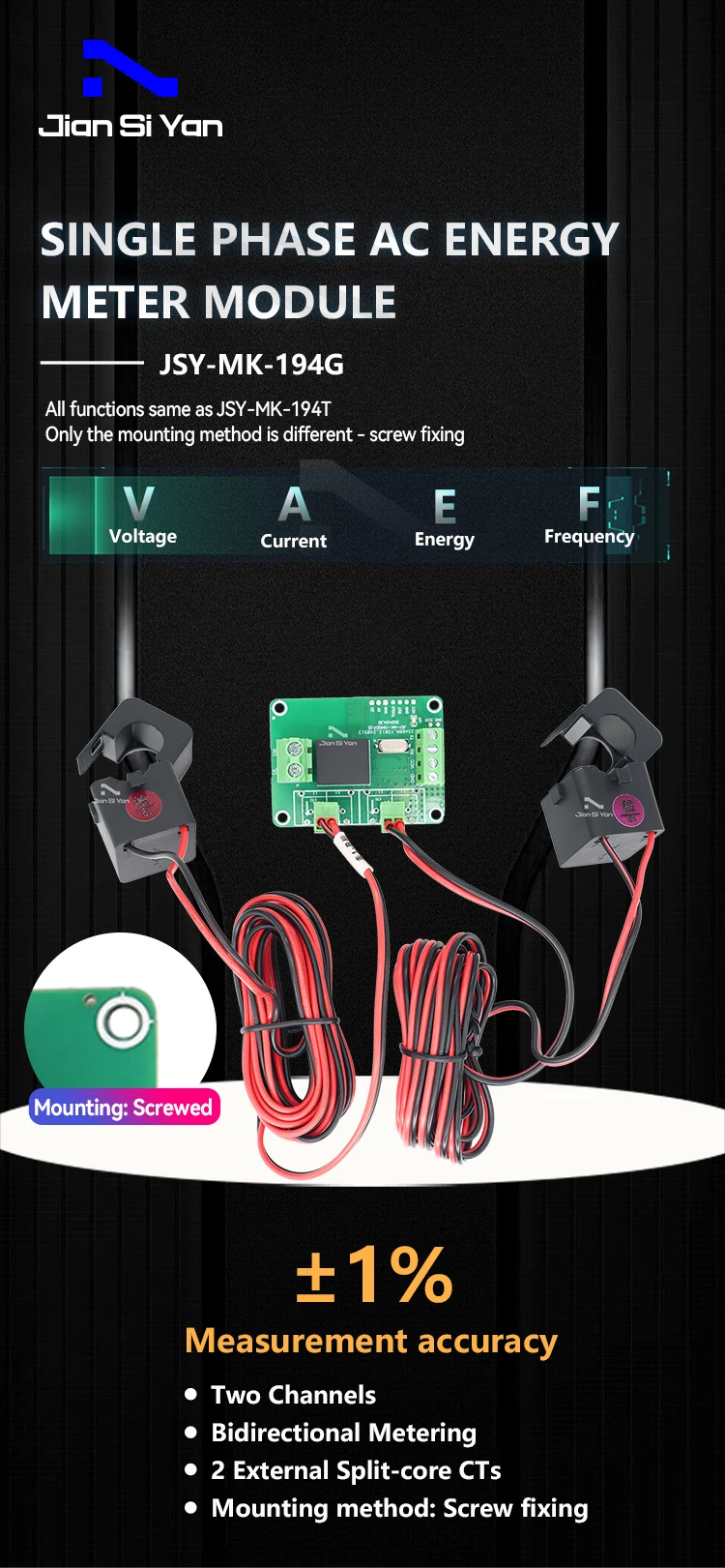 JSY-MK-194G AC 1P 20mA-100A Bidirektionales Energiemessmodul mit TTL Modbus-RTU (Alle Funktionen wie JSY-MK-194T) – Detail 2