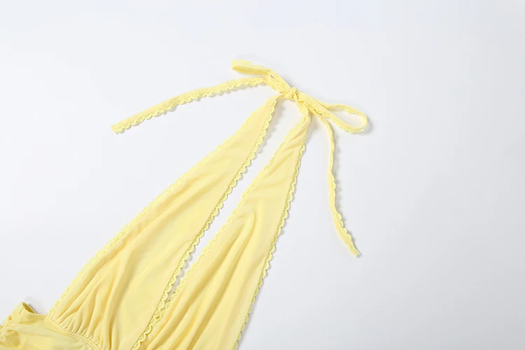 Sisterlinda Neckholder-Spitzenkleid für Damen, Bandage, tiefer V-Ausschnitt, rückenfrei, ärmellos, Falten, unregelmäßiger Saum, modisch, Streetwear, Sommer, figurbetont – Detail 7