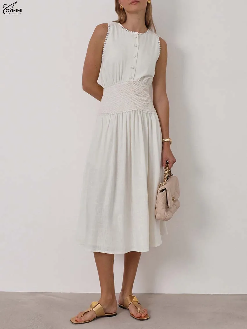 

Oymimi Fashion White Cotton Womens Dresses Elegant O-Neck Lace Sleeveless Dresses Casual Button High Waist Mid-Calf Dress Female