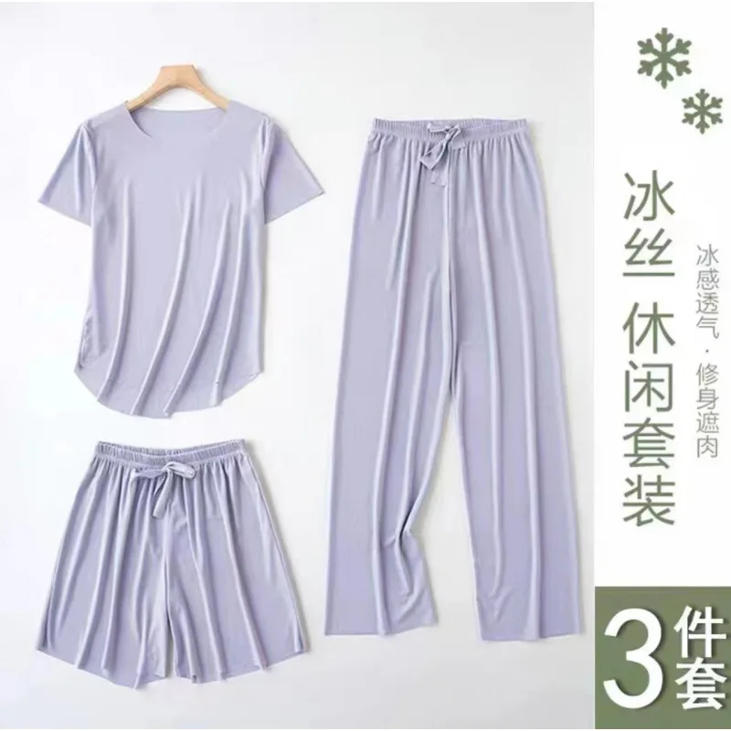 Ice Silk Homewear for Women Summer Short Sleeves Shorts Long Pant 3Pcs Loungewear Young Girl Female Pijamas Mujer Femme Pyjamas