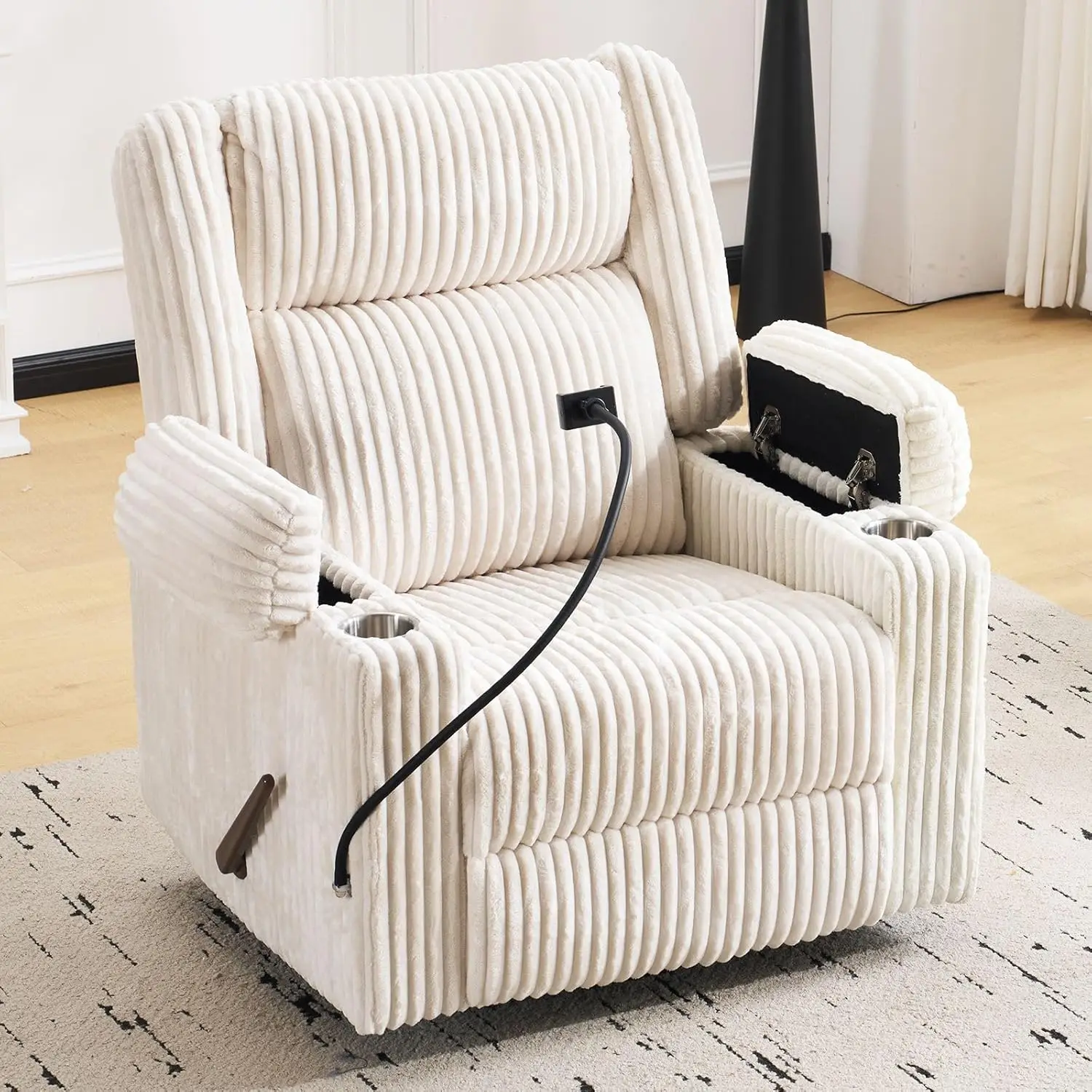 #Oversized Manual Recliner Swivel Rocker Arm Storage Adjustable Headrest Phone Stand Side Pockets Living Room Beige Customized