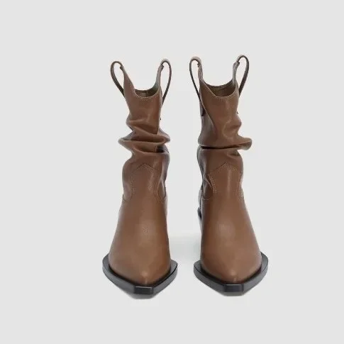 Pu Leather Chelsea Boots for Women Autumn Winter New Chunky Heeled Cowboy Boots Woman Loose Tube Mid-calf Pleated Western Bootie