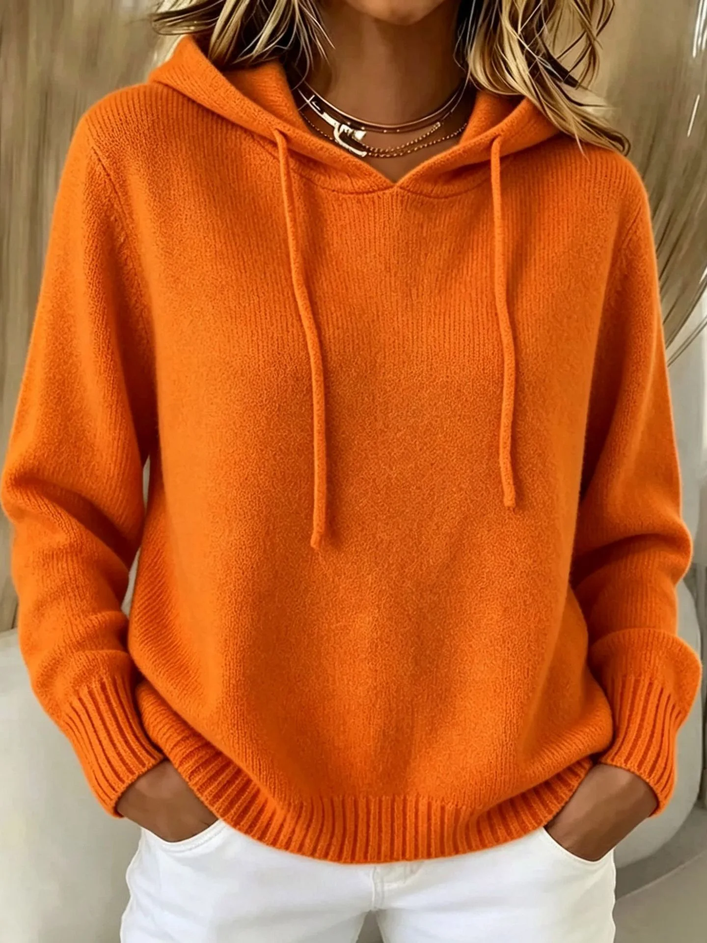 Laid-Back Style Hooded Knitted Sweater for Women Autumn/Winter Loose Slimming Solid Color Drawstring Top Warm Soft & Cozy Casual