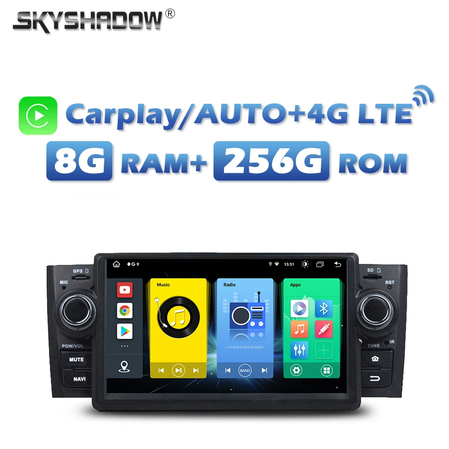 4G SIM Carplay Auto Android 13.0 8G+256G Car DVD Player IPS GPS map RDS Radio wifi DSP Bluetooth For Fiat Punto LINEA 2007 -2013