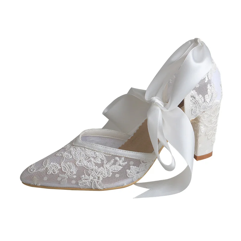 Wedopus Elegant Ribbon Tie Wedding Shoes Bridal Embroidery Lace Bride Shoes Pointed Toe High Quality