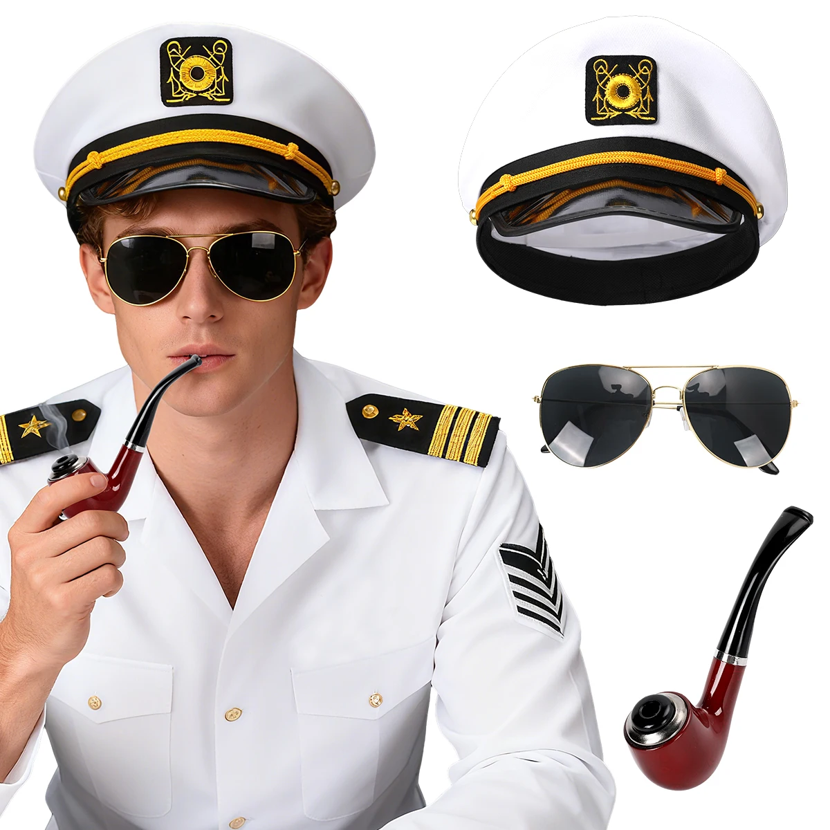 

Halloween Cosplay Navy Captain Hat Pipe Sunglasses Accessories Party Props High Quality Excluding Clothing For Adult Men Women