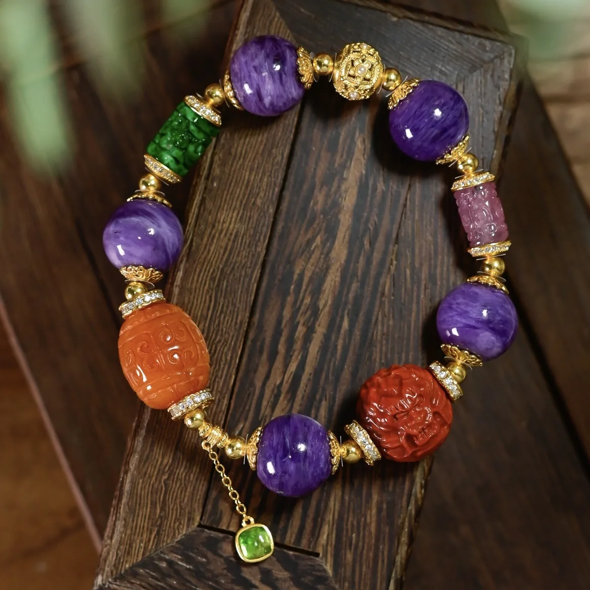 Natural Charoite Multi-gem Bracelet,Red Agate,Amber,Spicy Green Dry Jade,Tourmaline,925 Silver Chinese Bracelet