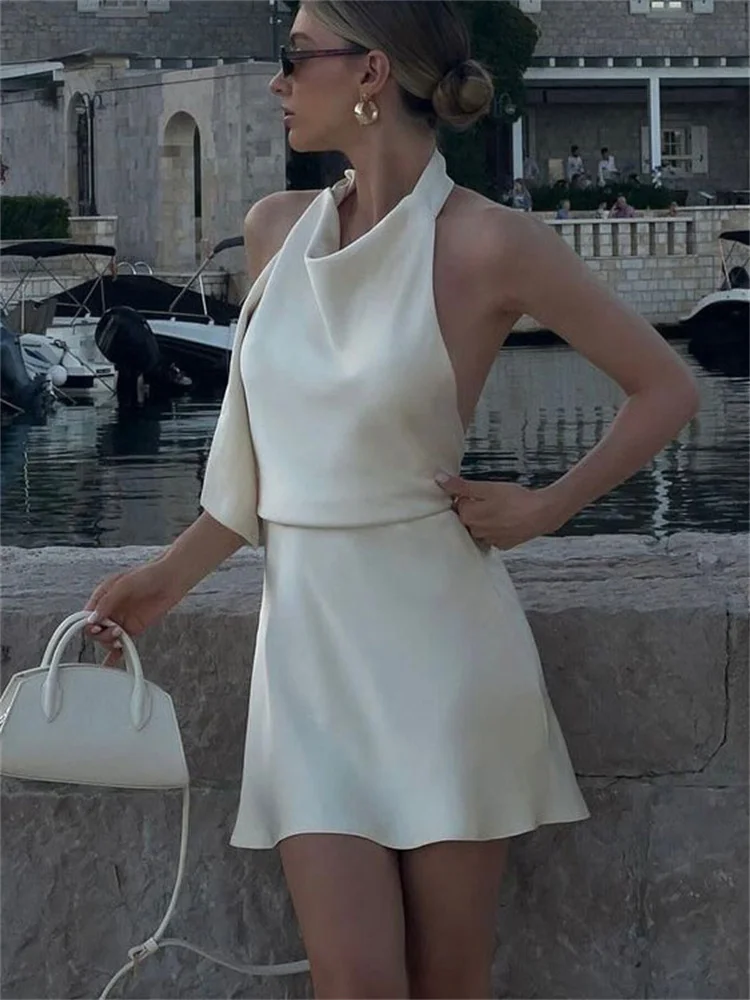 

New Summer 2026 New Party Dress White Backless Fashion Dress Elegant High Waist Lace-Up Slim Commute Women Satin Mini Dress