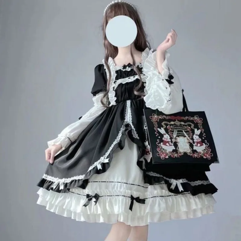 Japanese Op Lolita Dress Women Detachable Sleeve Ruffle Lace Bow Fluffy Vintage Sweet Dress Party Performance Festivals Vestido