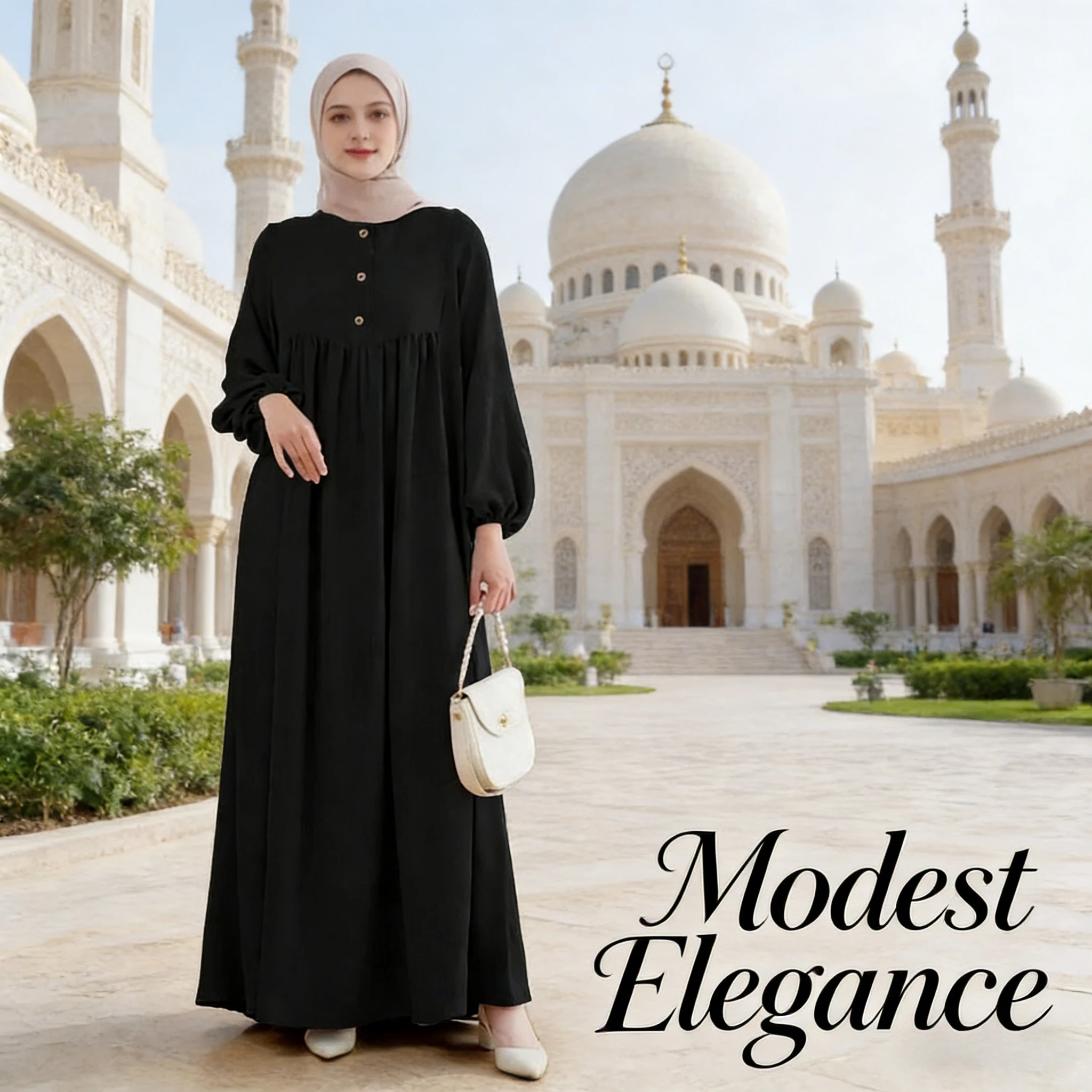 

New Muslim Women Robe Fashion Casual Puff Sleeve Simple Loose Solid Color Elegant Daily Wear Modest Maxi Dress
