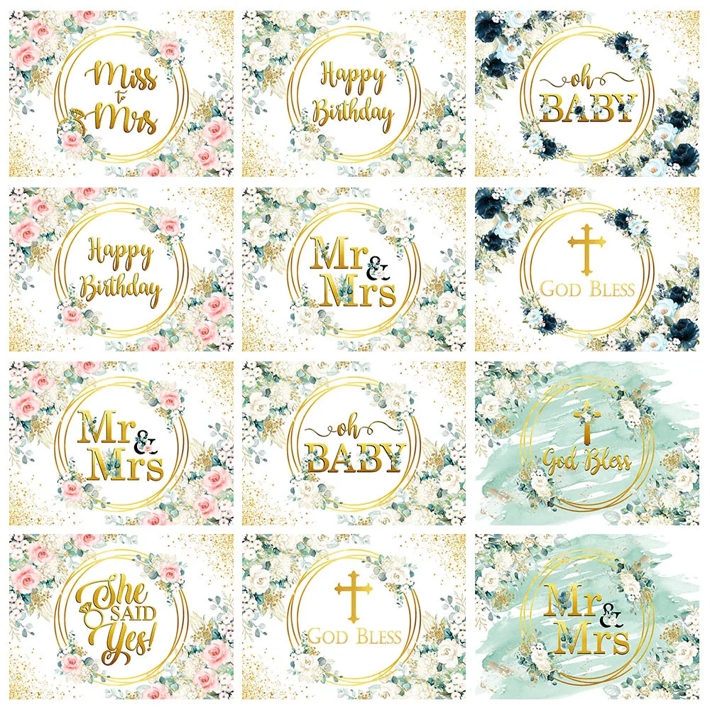 

Mocsicka Women Birthday Wedding Photography Backdrop Baby Shower Baptism Golden Circle White Pink Flower Photo Background Banner