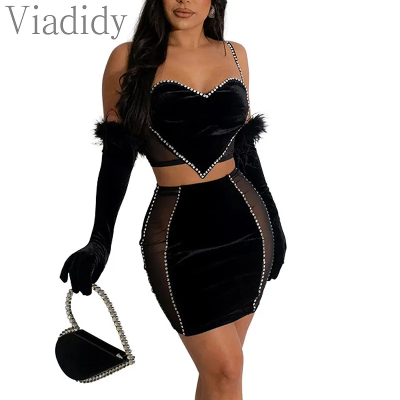 Women Sexy Solid Color Sheer Mesh Patchwork Velvet Top and High Waist Skirt 2pcs Set