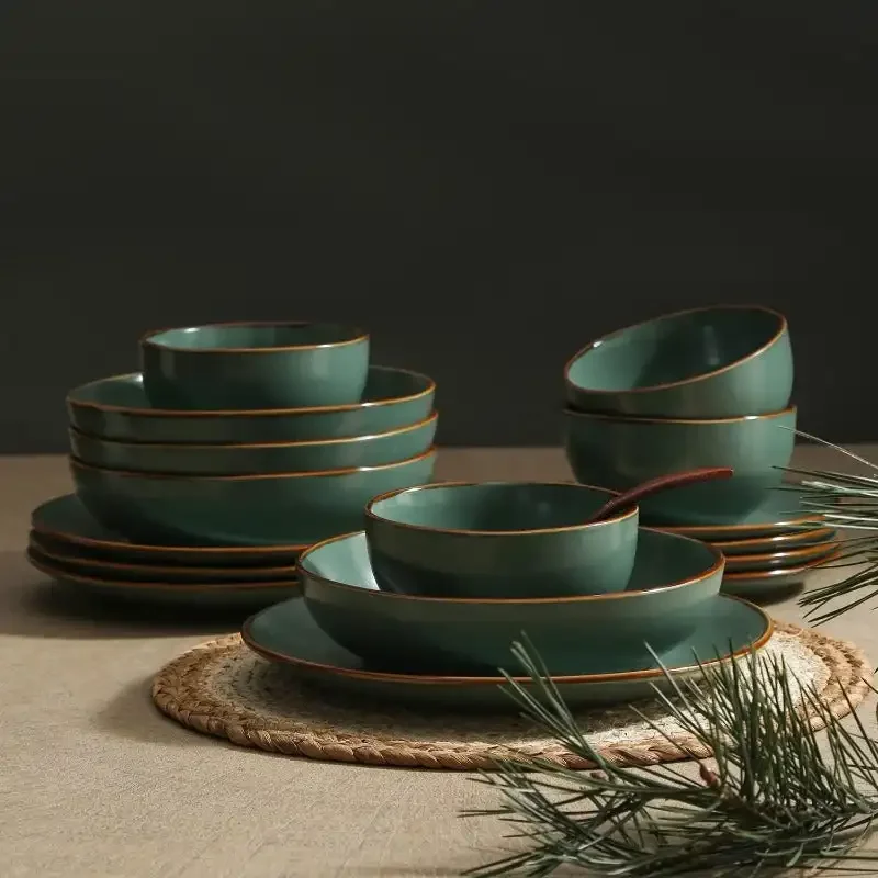 Modern Stoneware 16 Piece Dinnerware Sets, Plates and Bowls Sets, Dish Set for 4, Green