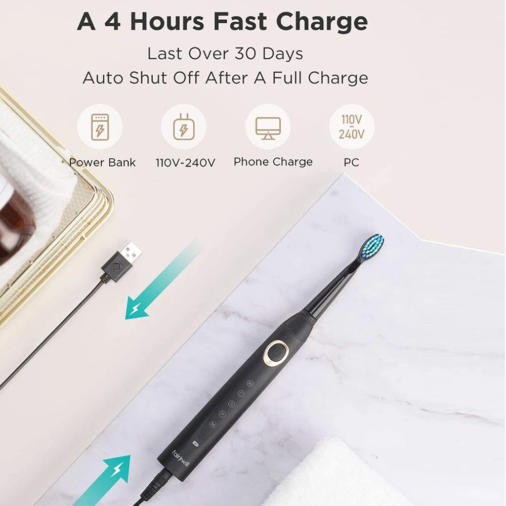 Fairywill Electric Toothbrushes for Adults Kids 5 Modes Smart Timer Rechargeable Whitening Sonic Toothbrush with 10 Brush Heads image 4