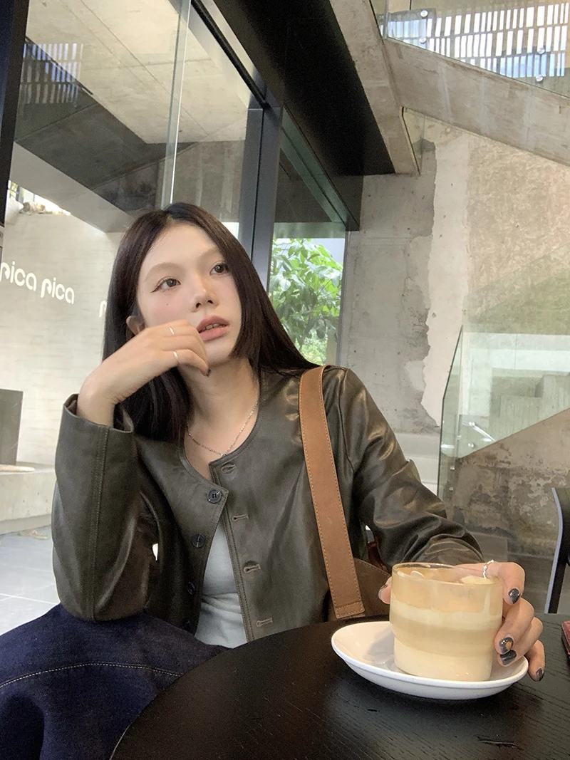 Jaet en cuir PU mat pour femmes, coupe ample, rond, amincissant, Hong Kong Sle Ele, Cool, polyvalent