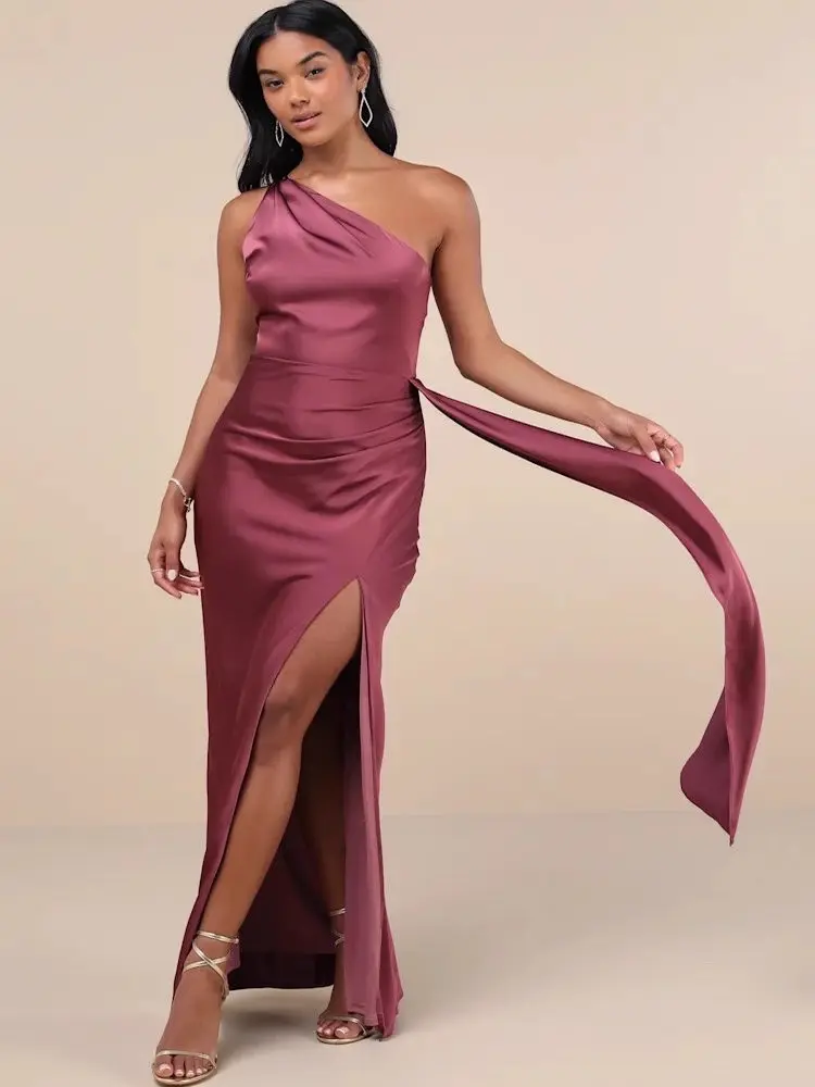 Ele Slim Fit Satijnen Lange Dr met Split Enkele schouder Ontwerp Gladde Dra Sle Hoge Taille Fee Rok voor de zomer