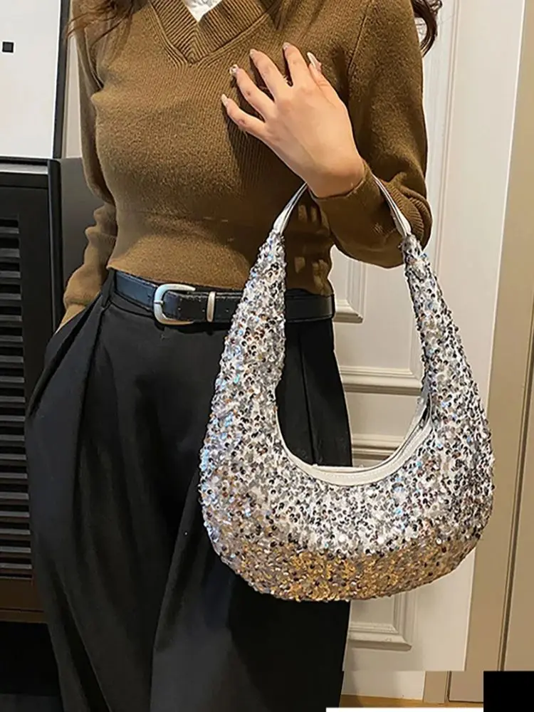 MABULA Glittering Sequined Evening Purse for Women Half Moon Brand Clutch Handbag and Wallet Sparkling Party Shoulder Hobo  Bag