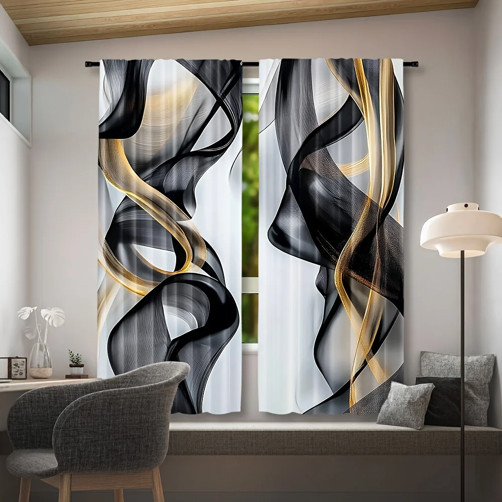 Luxury Black Gold Abstract Wave Curtain Drapes Modern Decorative Window Panels for Living Room Bedroom Home Decor Curtains