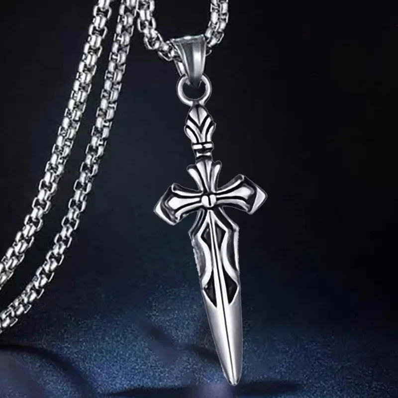 Titanium Steel Crusader Cross Necklace, Black PVD Coated Sword Pendant, Adjustable 60cm Chain, Gothic Gift for Men Women