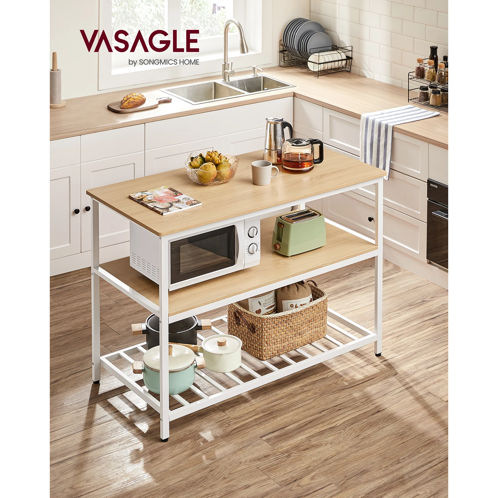 VASAGLE Kitchen Island with Large Countertop, 3-Tier , Steel Frame, 60 x 100 x 90 cm, Industrial Style, Easy to Assemble