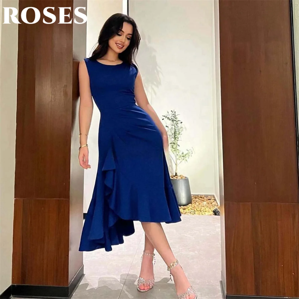 

ROSES Navy Blue A-Line Prom Dresses Sleeveless Pleats Celebrity Dress Women's Evening Dress O-Neck Tank Formal Gown Customized