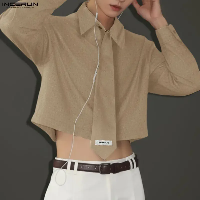 

INCERUN Men Shirt Solid Color Lapel Long Sleeve Casual Male Tops With Tie Streetwear 2026 Fashion Leisure Men Clothing S-5XL
