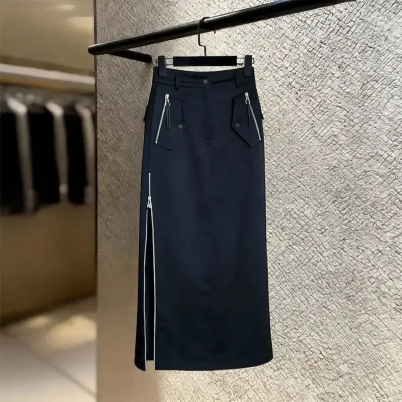 Chic Business Black Zipper Cargo Skirts Women Summer High Waist Thin Zipper Slit Work Midi Skirts Pockets Elegant