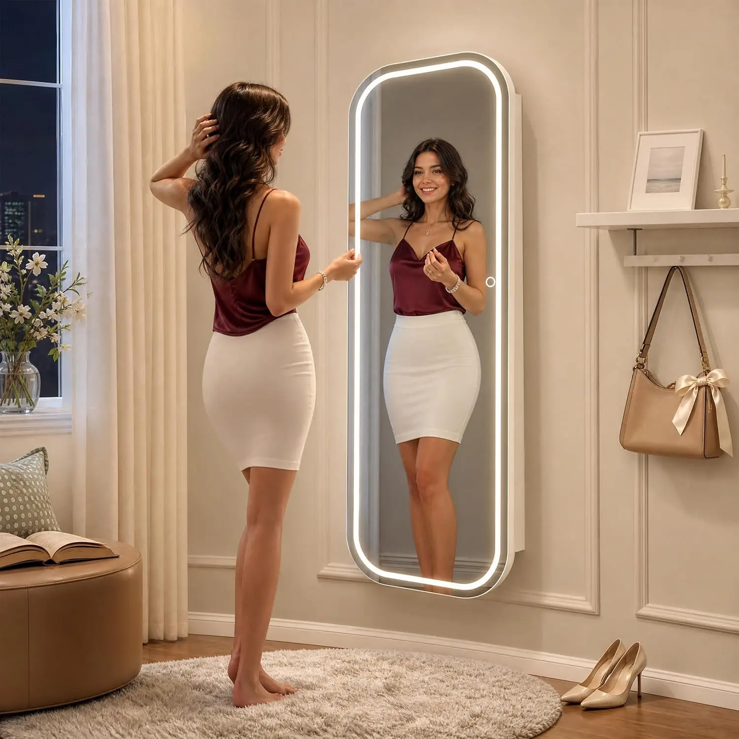 Wall Door Mirror Jewelry Cabinet Storage Light Hanging Jewelry Organizer Lighted Full Length Lockable Armoire White