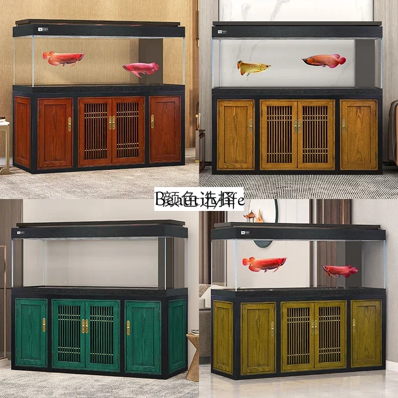 09Large aquarium living room bottom filter ecological gold crystal ultra-white glass Chinese high-end solid wood arowana tan