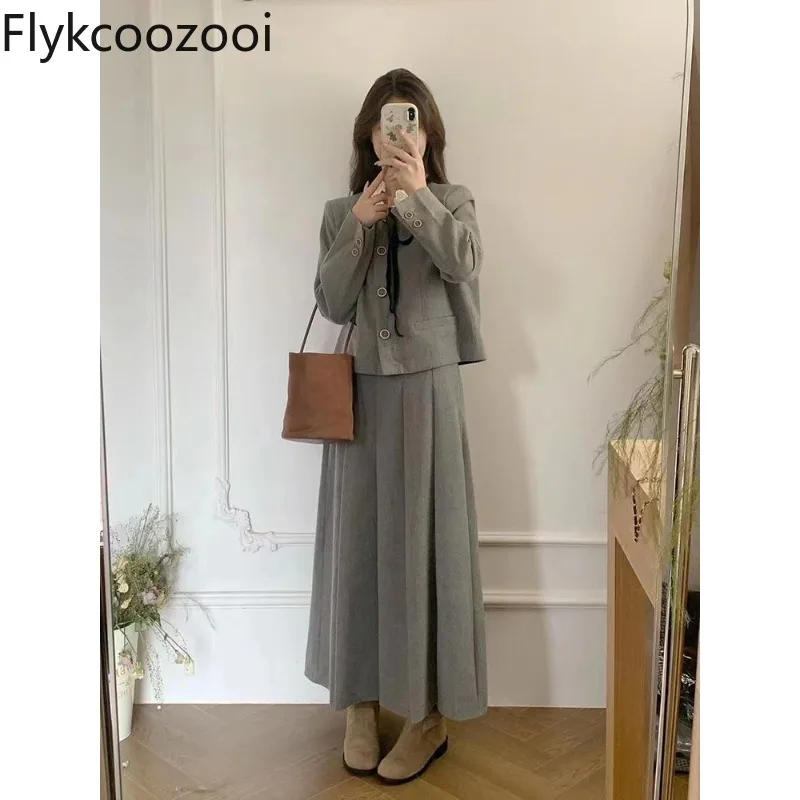 

Ошатное кружевное пальто с круглым вырезом, однобортное пальто на шнуровке, женская плиссированная длинная юбка с высокой талией, осенний шикарный студенческий наряд