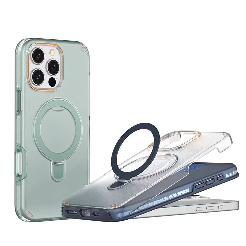 2026 جديد فاخر المغناطيسي حامل طبقتين حماية جراب هاتف آيفون 16 15 17 برو ماكس ل Magsafe حلقة معدنية حامل غطاء