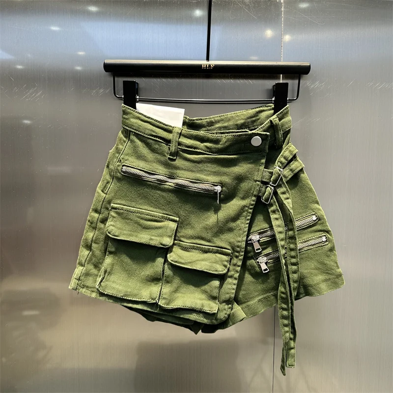 Sexy High Waisted Shorts Skirts Women Solid Irregular Cargo Pocket Denim Shorts Summer 2023 High Street Female Bottoms