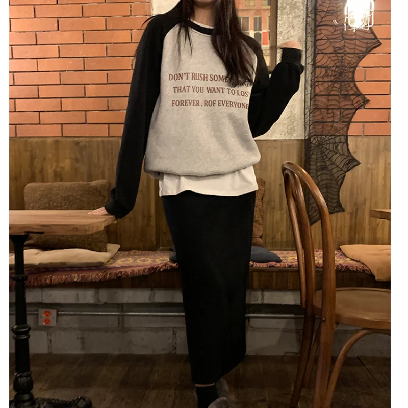 

Black Grey Crew Baggy Sweatshirt Women' Fleece Thicken Fashion Letter Letter Printing Street Lazy Wind Long Sleeves Pullover Top