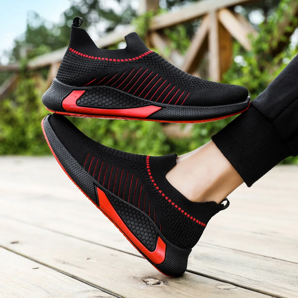 Men Summer Mesh Sneakers Breathable Lightweight Slip On Casual Shoes Plus Size Knit Fabric Comfortable Walking Fashion Sneakers