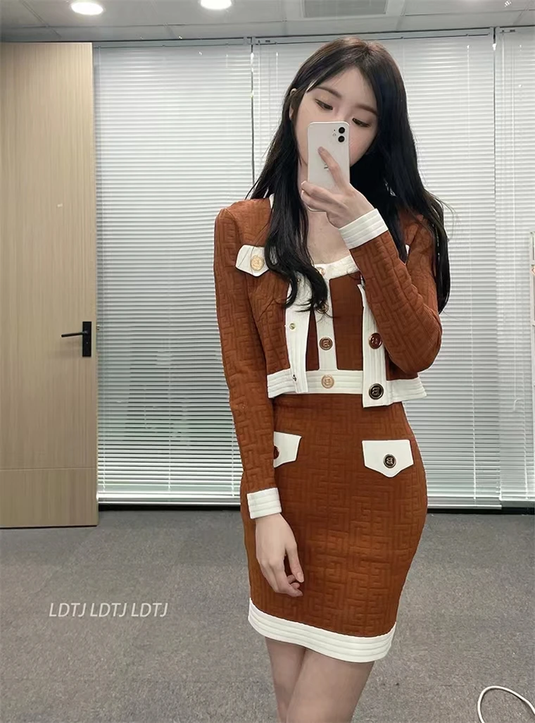 New Autumn Winter Two Piece Set Women Knitted Elegant Single Breasted Short Cardigan Coat + Sling Mini Dress Suit Korean Fashion