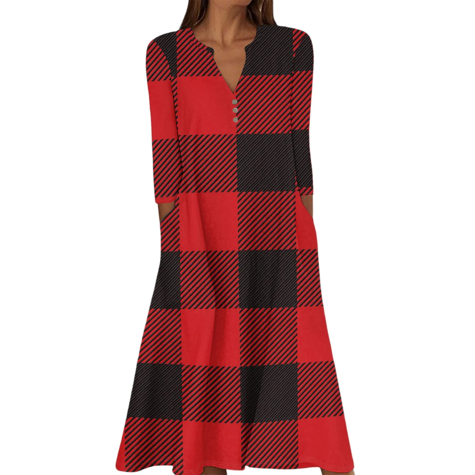 女性の夏のカジュアル V ネックボタンレトロ水玉プリント七分袖ロングドレスポケット付きエレガントな女性のドレス