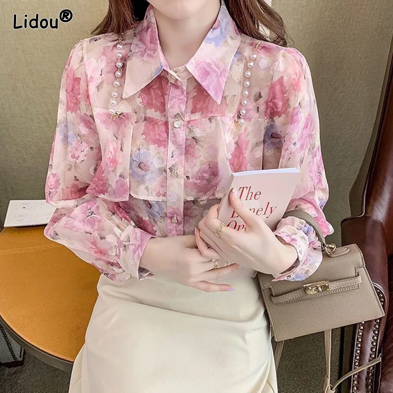 Streetwear Patchwork Ruffles Turn-down Collar Button Puff Sleeve Loose Printing Spring Summer Thin Casual Women's Clothing 2022