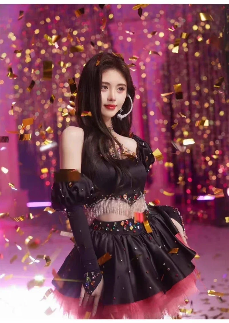 Kpop chanteur coréen Jazz danse Sexy noir T-shirt culture hauts femmes discothèque femme chanteuse danseuse tenues Mini jupe vêtements de scène