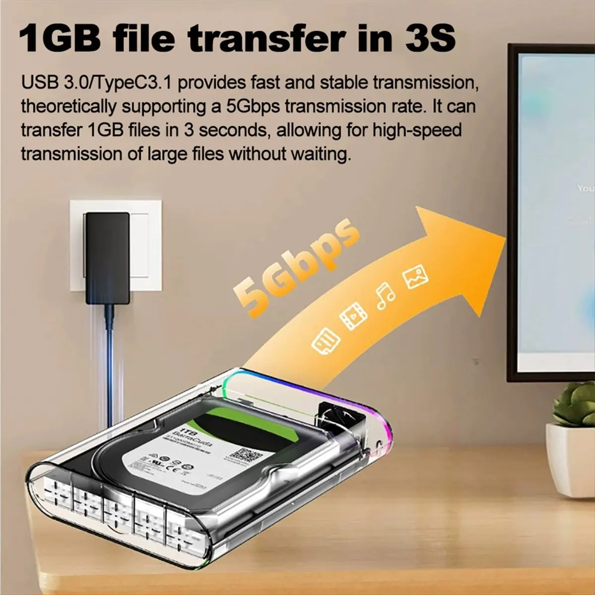 Caja HDD/SSD de 3,5 pulgadas, transparente, USB 3,0 tipo C a HDD externo, compatible con SSD de 28TB, luz colorida RGB, enchufe estadounidense