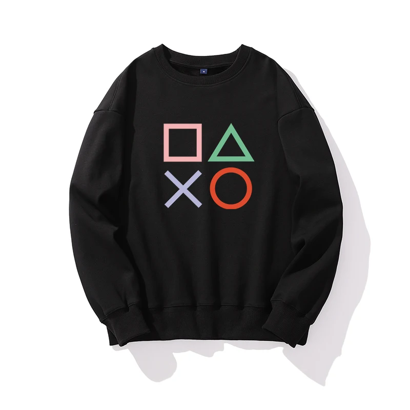 PS4 game button Men's Fleece Crewneck Sweatshirt Warm Solid Color Thicken Underwear Winter Pullover Tops Shirts No Hood Hoodie