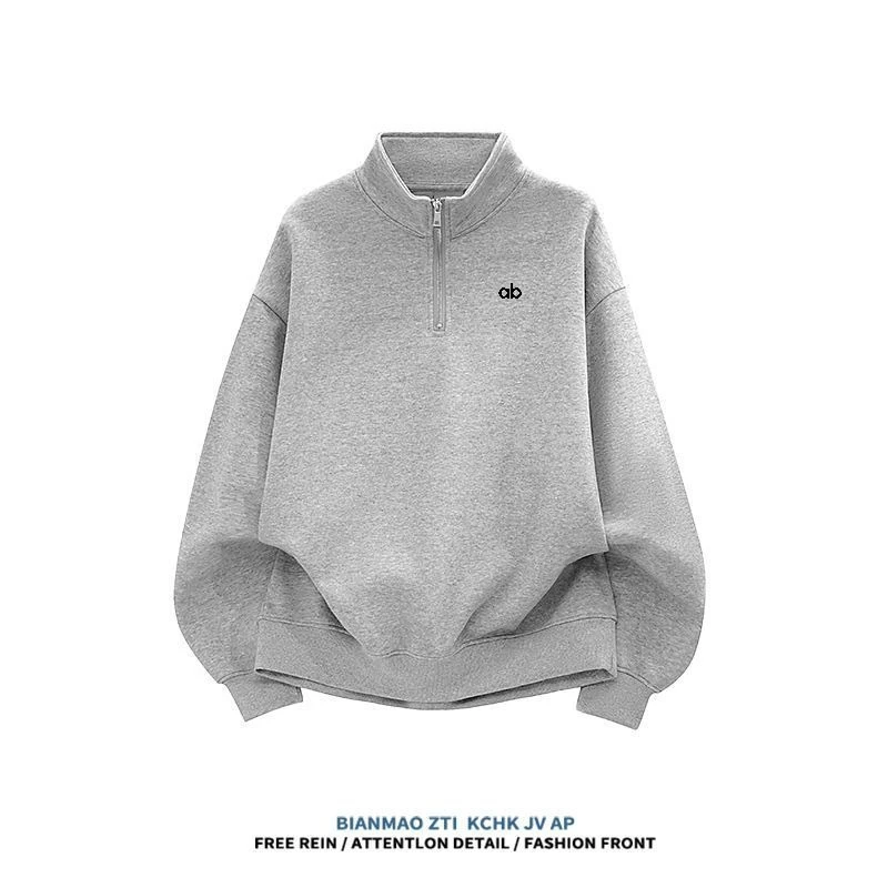 2026 Autumn Winter Unisex Light Gray Half‑Zip Stand Collar Sweatshirt Y2K Vintage Streetwear Korean Style Casual Pullover Tops
